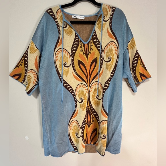 Zara knit print small V-neck 3/4 sleeve casual dress (D) - Picture 1 of 4